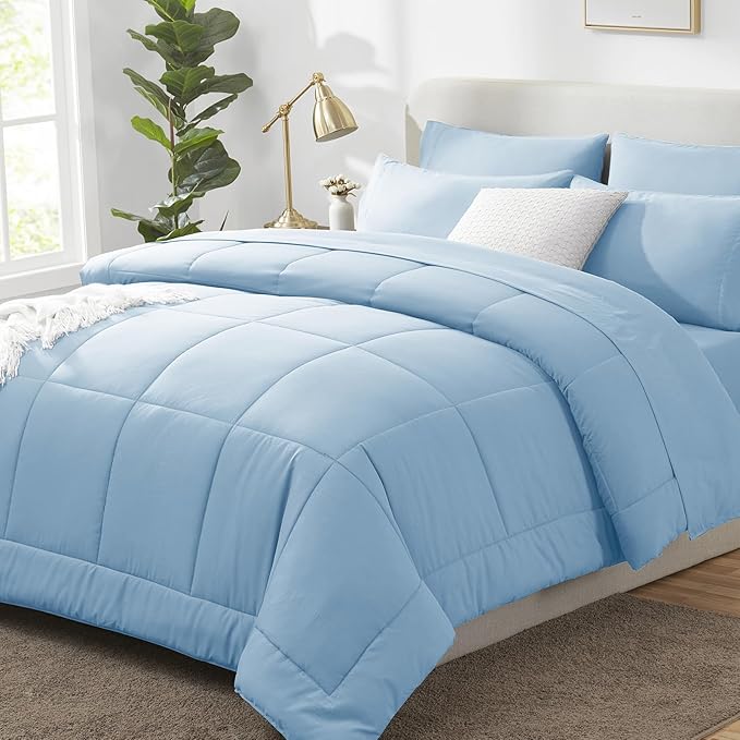 CozyLux Queen Size Comforter Sets Baby Blue, 7 Pieces Bed in a Bag, Blue Comforter Queen Size, All Season Bedding Sets with Stitch Quilted Comforter, Flat Sheet, Fitted Sheet, Pillowcases