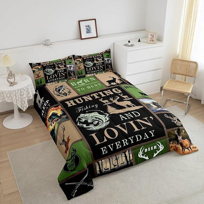 Feelyou Big Pike Fish Bedding Set Deer Comforter Set for Kids Teens Boys Fish and Hunt Duvet Set Antlers Fish Fishing Rod Inner Fill Comforter 1 Comforter Set with 2 Pillowcases Queen Size
