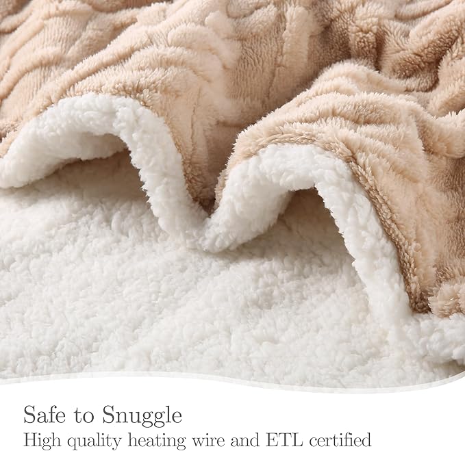 Electric Heated Blanket, 3D Pattern Design, Queen Size Sherpa Super Cozy Heated Blanket with 5 Heating Levels & 10 Hours Auto Off, Beige