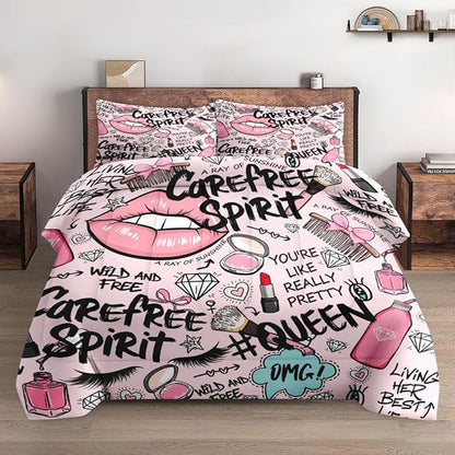 Comforter Set Twin Size, Makeup Pink Queen Soft 2 Pcs Bedding for Kids and Adults, Women Diamond Cute Comforter Set with Pillowcase, for Bedroom Bed Decor