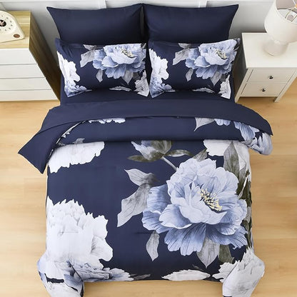 Dobuyly Navy Blue King Size Comforter Set 7 Piece Bed in a Bag, Floral Comforter Set with Sheets, Soft Microfiber Botanical Flowers Complete Bedding Set for All Season