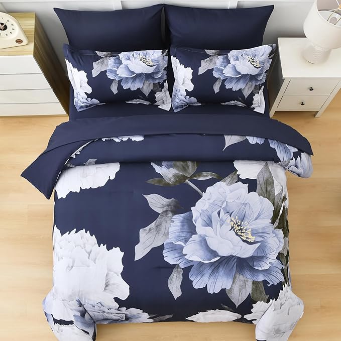 Dobuyly Navy Blue Comforter Set Queen Size 7 Piece Bed in a Bag, Floral Comforter Set with Sheets, Soft Microfiber Botanical Flowers Complete Bedding Set for All Season