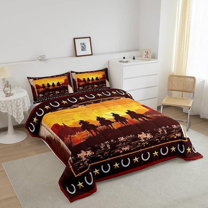 Feelyou Orange Western Decor Comforter King Size Wild Western Cowboy Comforter Set for Boys Girls Children Horse Setting Sun Bedding Set Room Decor Horseshoes West Texas Star Duvet Set 3Pcs