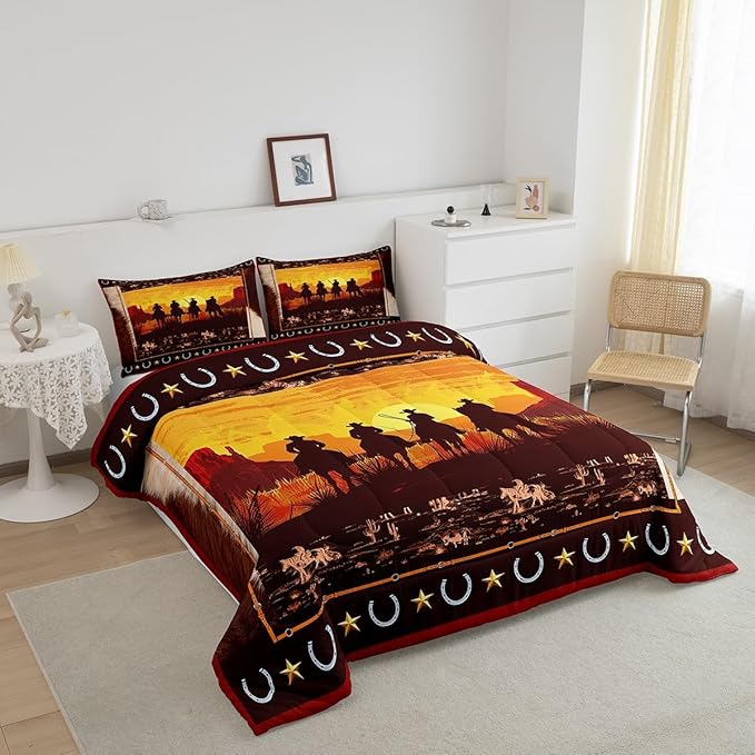 Feelyou Orange Western Decor Comforter Full Size Wild Western Cowboy Comforter Set for Boys Girls Children Horse Setting Sun Bedding Set Room Decor Horseshoes West Texas Star Duvet Set 3Pcs