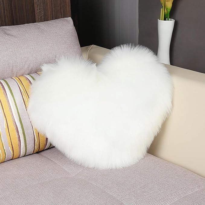HANDKEI Love Pillow, Heart-Shaped Long Plush, Pink Imitation Wool, Living Room Sofa, Cute Cushion, Bedside Cushion (White, 15.74 inch X 19.68 inch)