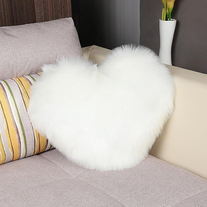 HANDKEI Love Pillow, Heart-Shaped Long Plush, Pink Imitation Wool, Living Room Sofa, Cute Cushion, Bedside Cushion (White, 15.74 inch X 19.68 inch)