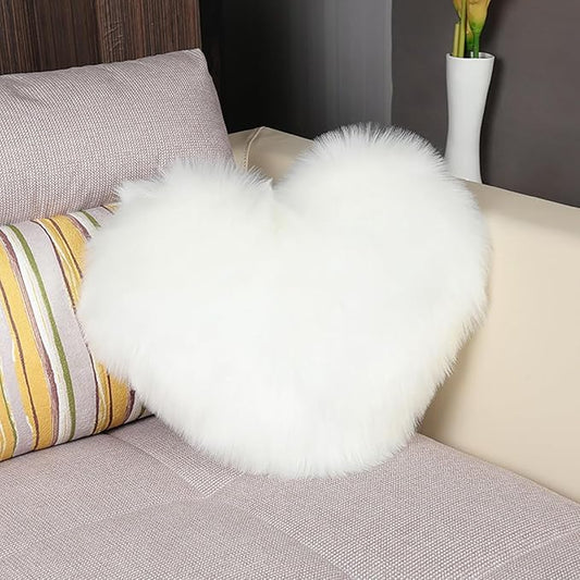 HANDKEI Love Pillow, Heart-Shaped Long Plush, Pink Imitation Wool, Living Room Sofa, Cute Cushion, Bedside Cushion (White, 15.74 inch X 19.68 inch)