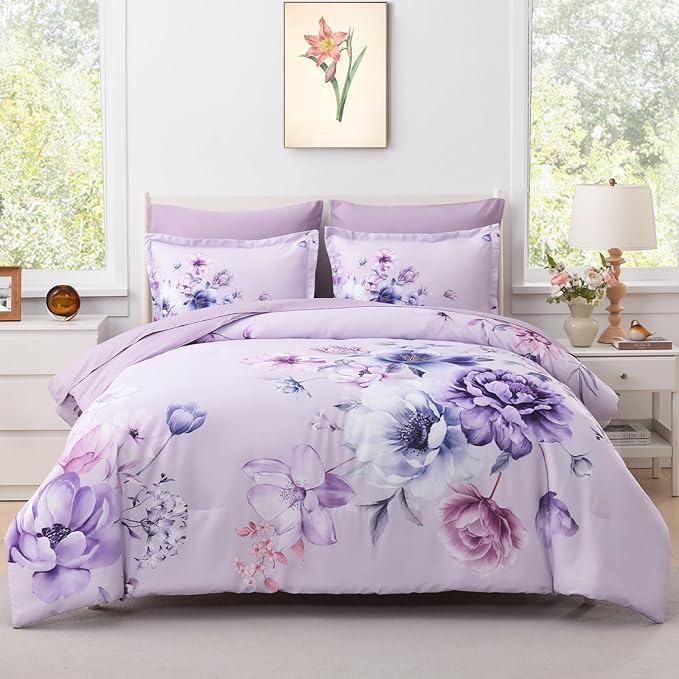 Floral King Size Comforter Set - 7 Piece Botanical Purple Flower Bed in a Bag Ulter Soft Microfiber Bedding Set, Lightweight Bed Comforter Set with Sheets for All Season (Purple, King)