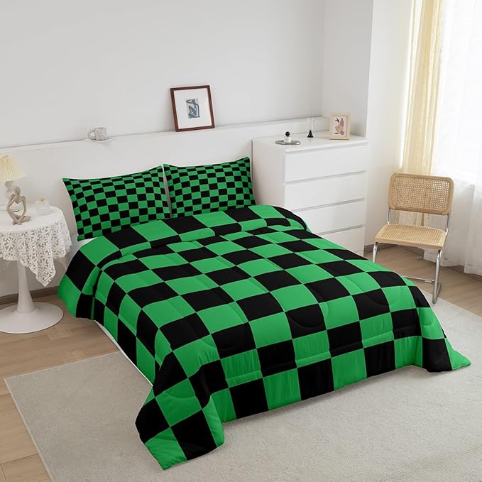Feelyou Checkered Bedding Set Teen Women Men Green Black Plaid Comforter Set Queen Size Kids Boys Girls Cute Retro Neutral Checkerboard Geometric Duvet Insert Vintage Aesthetic Room Decor