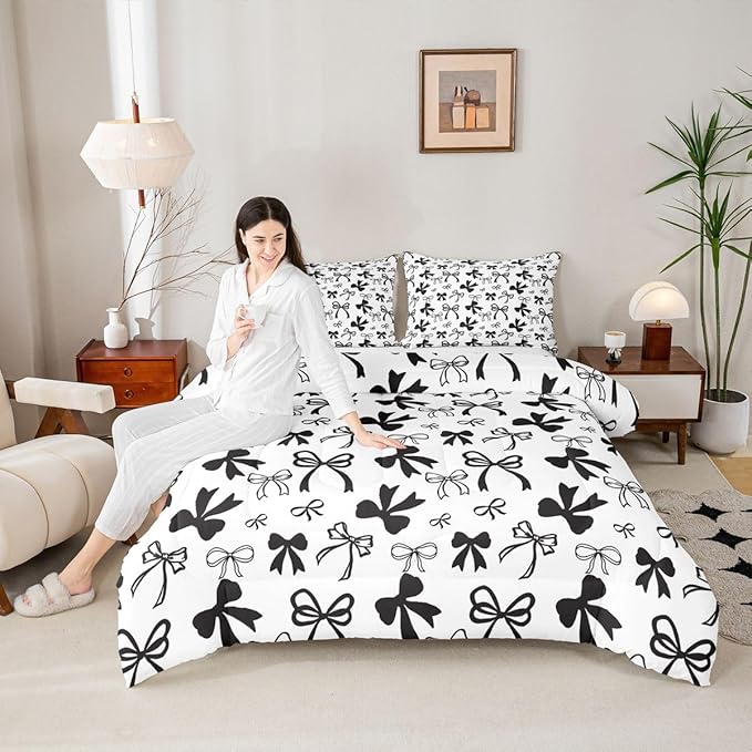 Erosebridal Black Bow Bedding Set Cute Coquette Bowknot Comforter Set King Size for Kids Girls Teen,Black Watercolor Bow Bedding Comforter Sets Modern Simple Fashion Aesthetic Bed Set