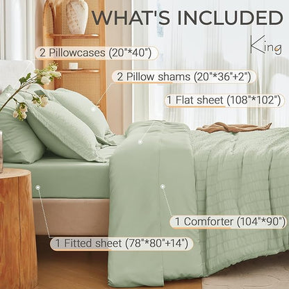MUXHOMO 7 Pieces King Comforter Set, Seersucker Bed in a Bag King Size, All Season Luxury Bedding Set with Comforter, Flat Sheet, Fitted Sheet, Pillowcases & Shams, Light Green