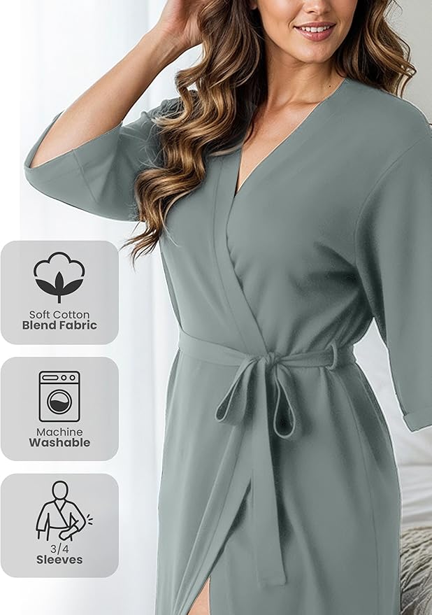 NY Threads Women's Robe Long Knit Bathrobe 3/4 Sleeves Soft Kimono Lightweight Loungewear