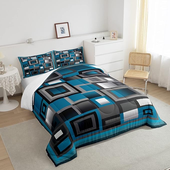 Castle Fairy Blue Comforter Set,Modern Squares Design Bedding Set for Kids Girls Women,Adults Geometric Grid Comforter,Abstract Quilted Duvet Set Bedroom Collection Twin Size 2Pcs