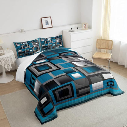 Castle Fairy Blue Comforter Set,Modern Squares Design Bedding Set for Kids Girls Women,Adults Geometric Grid Comforter,Abstract Quilted Duvet Set Bedroom Collection Twin Size 2Pcs