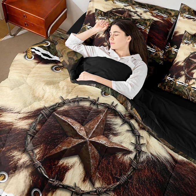 Rustic Bed in a Bag Queen Comforter Set 7-Piece,Cowhide Western Texas Star Bedding Sets Mens Tree Leaves Hunting Comforter and Sheet Set, Woodland Animals Farmhouse Room Decor,Camo Cabin Country Decor