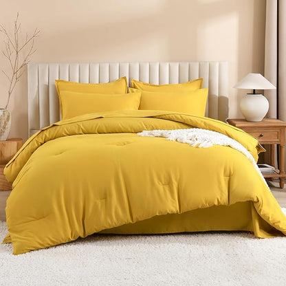 Litanika Comforter King Size Set Mustard Yellow - 7 Pieces Bed in a Bag King Bedding Comforter Sets, Plain Lightweight Bed Set with Comforter, Sheets, Pillowcases & Shams
