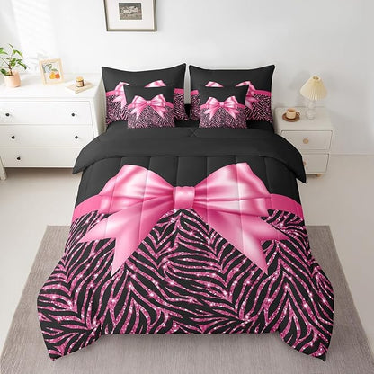 Feelyou Pink Bowknot 7 Piece Bedding Set Twin Size Glitter Print Comforter Set with Sheets for Kids Girls Adult Cute Bowknot Bed in a Bag Black Silver Bed Set