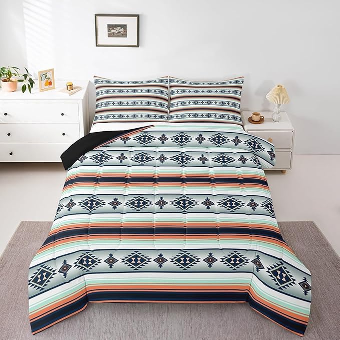 Erosebridal Boho Aztec Comforter Set Bohemian Stripes Bedding Set Toddler Size,Ethnic Tribal Mexican Style Bedding Comforter Sets for Kids Adults American Native Southwestern Quilt Duvet 2 Pcs