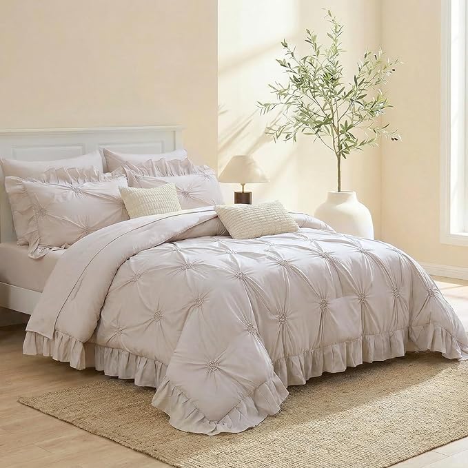 Bedbay Beige Ruffle Comforter Set King Size Ruched Bedding 9 Pcs King Bed in a Bag Pintuck Pinch Pleat Bedding Set Elegant Ruffle Farmhouse Boho Comforter Bed Set for All Seasons