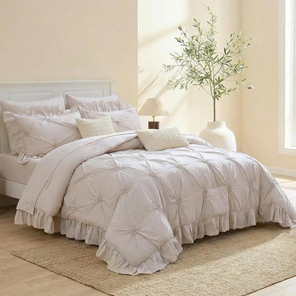 Bedbay Beige Ruffle Comforter Set King Size Ruched Bedding 9 Pcs King Bed in a Bag Pintuck Pinch Pleat Bedding Set Elegant Ruffle Farmhouse Boho Comforter Bed Set for All Seasons