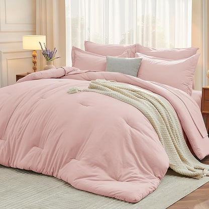 MUXHOMO 7 Pieces Full Comforter Set, Soft Bed in a Bag Full Size, All Season Bedding Set with Comforter, Flat Sheet, Fitted Sheet, Pillowcases & Shams, Pink