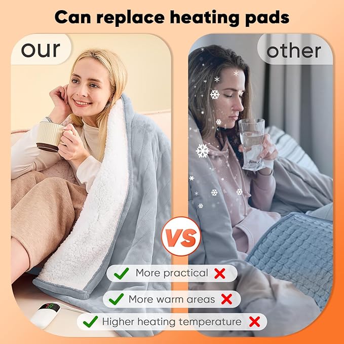 greenoak Heated Blanket Electric Twin 62"X84", Heating Blankets with 10 Heat Levels 1/2/4/6/8 Hours Auto-Off, Flannel Sherpa Soft Warm Heater, Dove Grey