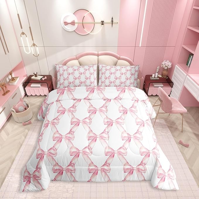 Erosebridal Ribbon Bow Bedding Set for Kids Girls Teen Women,Pink Girly Bowknot Bedding Comforter Sets Twin Cute Fantasy Princess Comforter Set Kawaii Bow Tie Bed Duvet Set 1 Pillow Case