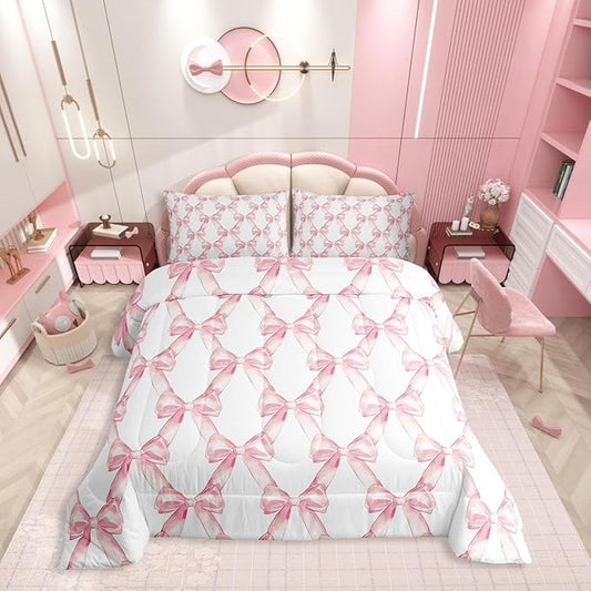 Erosebridal Ribbon Bow Bedding Set for Kids Girls Teen Women,Pink Girly Bowknot Bedding Comforter Sets Twin Cute Fantasy Princess Comforter Set Kawaii Bow Tie Bed Duvet Set 1 Pillow Case