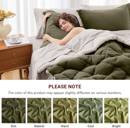 MUXHOMO 5 Pieces Twin XL Comforter Set, Reversible Bed in a Bag Twin XL Size, All Season Bedding Set with Comforter, Flat Sheet, Fitted Sheet, Pillowcases & Shams, Olive Green & Beige