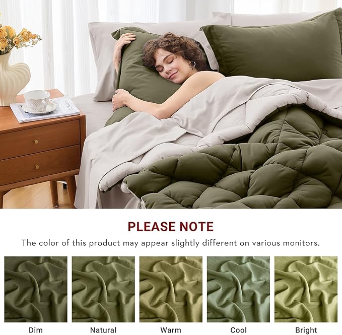 MUXHOMO 7 Pieces California King Comforter Set, Reversible Bed in a Bag Cal King Size, All Season Bedding Set with Comforter, Flat Sheet, Fitted Sheet, Pillowcases & Shams, Olive Green & Beige