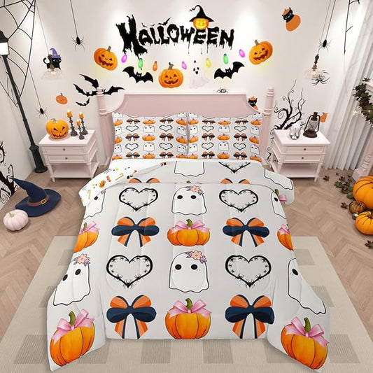 Erosebridal Fall Pumpkin Comforter Set Twin, Halloween Ghost Bedding Set, Bow Comforter for Kid Girls Teens Women Kawaii Room Decor, Black Love Heart Quilt with 1 Pillowcase