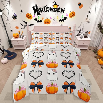 Erosebridal Fall Pumpkin Comforter Set King, Halloween Ghost Bedding Set, Bow Comforter for Kid Girls Teens Women Kawaii Room Decor, Black Love Heart Quilt with 2 Pillowcases