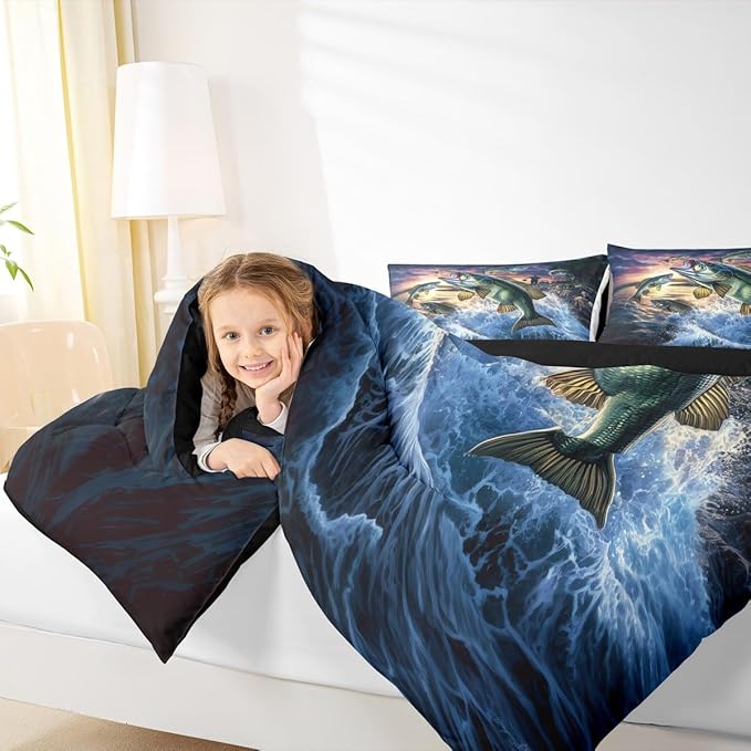 Erosebridal Bass Fishing King Bedding Set - Pike Fish Fisherman Comforter Set for Boys Kids Teen | Lake House Theme Quilt | Rustic Farmhouse Cabin Bedroom Decor with 2 Pillowcases