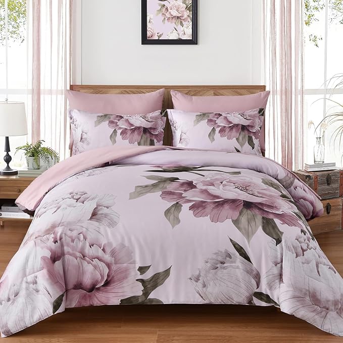 Dobuyly Pink Floral Comforter Set Queen 7 Piece Bed in a Bag, Blush Flowers Printed on Light Pink Comforter Set with Sheets, Soft Microfiber Botanical Bedding Set for All Season