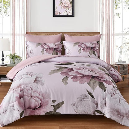 Dobuyly Pink Floral Comforter Set Queen 7 Piece Bed in a Bag, Blush Flowers Printed on Light Pink Comforter Set with Sheets, Soft Microfiber Botanical Bedding Set for All Season
