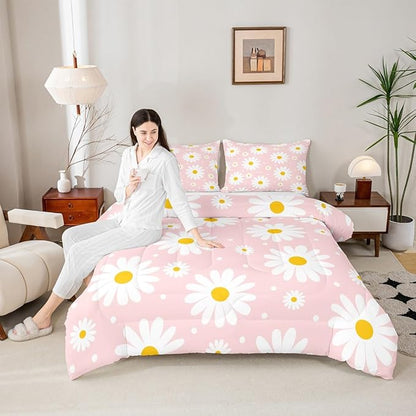 Erosebridal Flower Comforter Set Pink Daisy Floral Girls Full Bedding Set Cute Cartoon Flowers Comforter for Kids Teen Women Bedroom All Season,Kawaii Bed Set with 2 Pillowcases