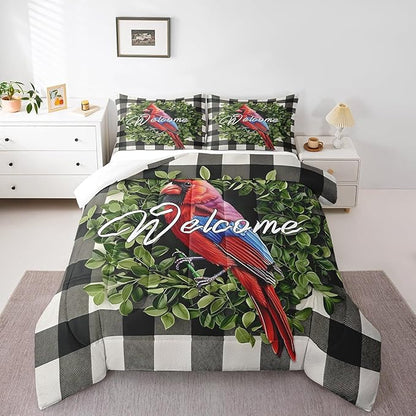 Erosebridal Red Cardinal Comforter Garden Botanical Plant Bedding Set King Rustic Farmhouse Black White Buffalo Plaid Comforter Set for Kids Adults Nature Country Quilt Duvet Soft Lightweight