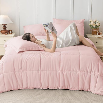 JOLLYVOGUE King Comforter Set, Ultra-Soft Bed in a Bag King Size 7 Pieces, Oeko-TEX Certified Bedding Set with Down Alternative Comforter, Sheets, Pillowcases & Shams, Blush Pink