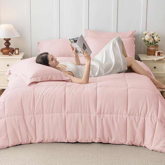JOLLYVOGUE Twin XL Comforter Set, Ultra-Soft Bed in a Bag Twin XL Size 5 Pieces, Oeko-TEX Certified Bedding Set with Down Alternative Comforter, Sheets, Pillowcases & Shams, Blush Pink