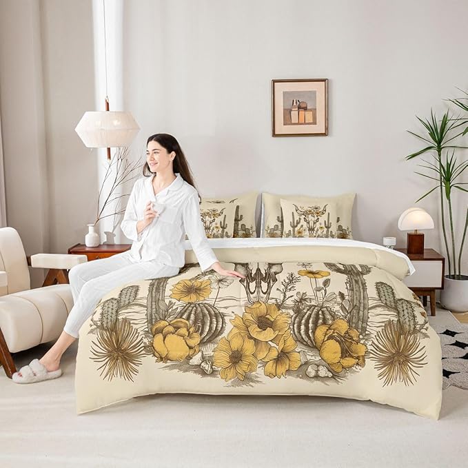 Erosebridal Flower Bull Skull 7 Piece Comforter Set King | Brown Symbol Tribal Bed in A Bag Tropical Bed Set Ethnic Bohemian Sheet Set Reversible Antique Aztec Fitted Sheet Breathable Lightweight