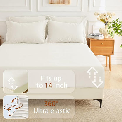 MUXHOMO 7 Pieces Queen Comforter Set, Soft Bed in a Bag Queen Size, All Season Bedding Set with Comforter, Flat Sheet, Fitted Sheet, Pillowcases & Shams, Ivory
