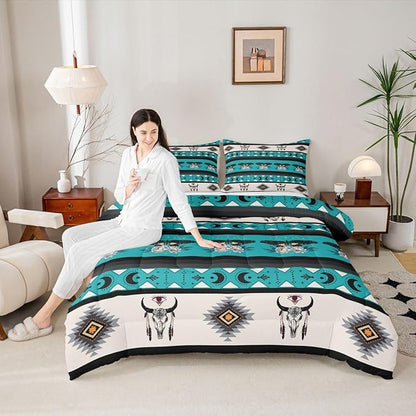 Erosebridal Exotic Moth Queen Comforter Set Bull Skull Quilt for Kids Child Boys Girls,Western Boho Bedding Set Geometric Aztec Decor Western Duvet Insert,Tribe Arrow Bohemian Room Decor Teal Blue