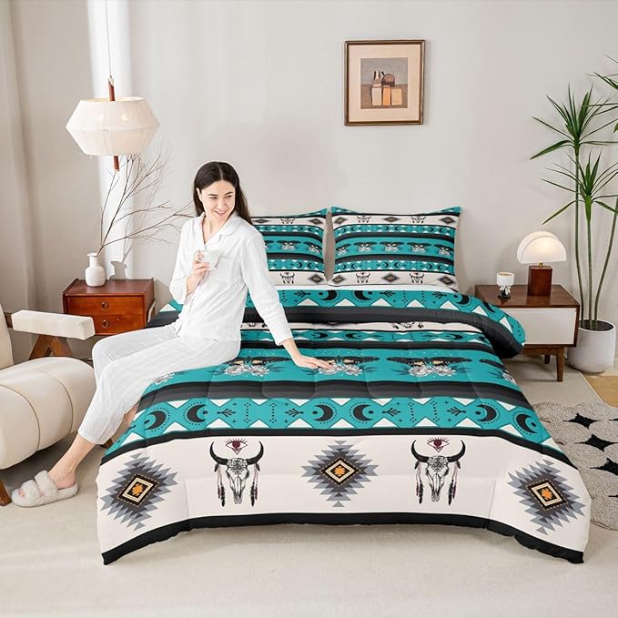 Erosebridal Boho Moth Bedding Set Bull Skull Comforter Set for Kids Child Boys Girls,Sun and Moon Southwestern Quilt Geometric Aztec Decor Western Duvet Insert King,Bohemian Room Decor Teal Blue
