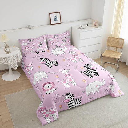 jejeloiu Pink Zoo Animals Bedding Set Twin Size Cartoon Cute Comforter Set for Kids Boys Girls Giraffe Lion Zebra Elephant Duvet Set Flower Quilt Set 2Pcs