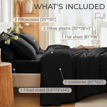MUXHOMO 7 Pieces Full Comforter Set, Seersucker Bed in a Bag Full Size, All Season Luxury Bedding Set with Comforter, Flat Sheet, Fitted Sheet, Pillowcases & Shams, Black