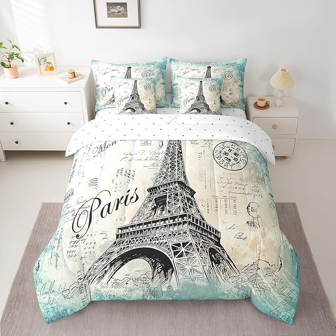 Feelyou Eiffel Tower Comforter Set King Size 7 Pcs Girls Chic Vinatge French Comforter Bed in a Bag Paris Cityscape Bedding Set Women Eiffel Tower Lover Bed Set with Sheets, Pillowcases, Pillow Covers
