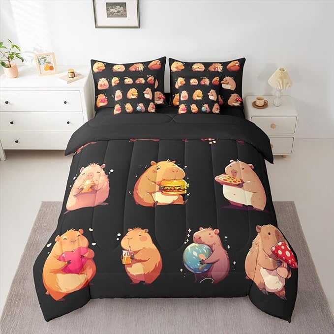 Erosebridal Funny Capybaras 7 Pieces Bedding Set Twin,Capybara Lover Bed in a Bag,Cartoon Rodents Bed Set Includes Comforter,Sheet Set,Pillowcases & Pillow Covers,Black Khaki Capybara Bedroom Decor