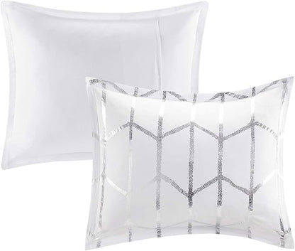 Intelligent Design Raina Full/Queen Comforter Set, Soft Microfiber, Modern Geometric Metallic Bed Set, 5 Pieces College Bedding with 2 Shams, 2 Toss Pillows White/Silver