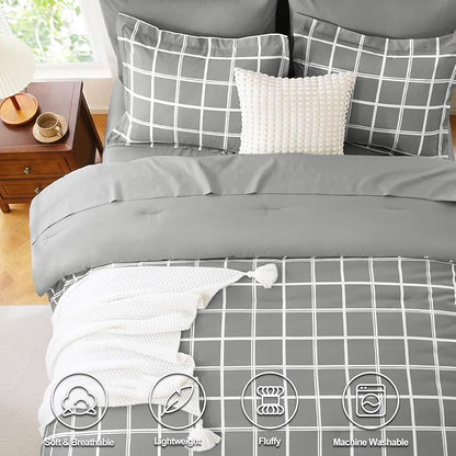 CozyLux King Size Comforter Set Grey - 7 Pieces Plaid Bed in a Bag Set, Soft Bed Set King Bedding Sets with All Season Quilted Comforter, Flat Sheet, Fitted Sheet, Pillowcases & Pillow Shams