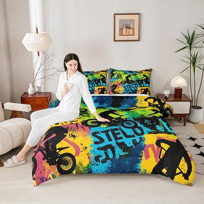 Erosebridal Boys Dirt Bike Comforter Set Queen Size Skateboard Bedding Set Motorcycle Motocross Duvet Set Extreme Sports Game Quilt Set Hip Hop Colorful Comforter Set for Kids Teens Adult